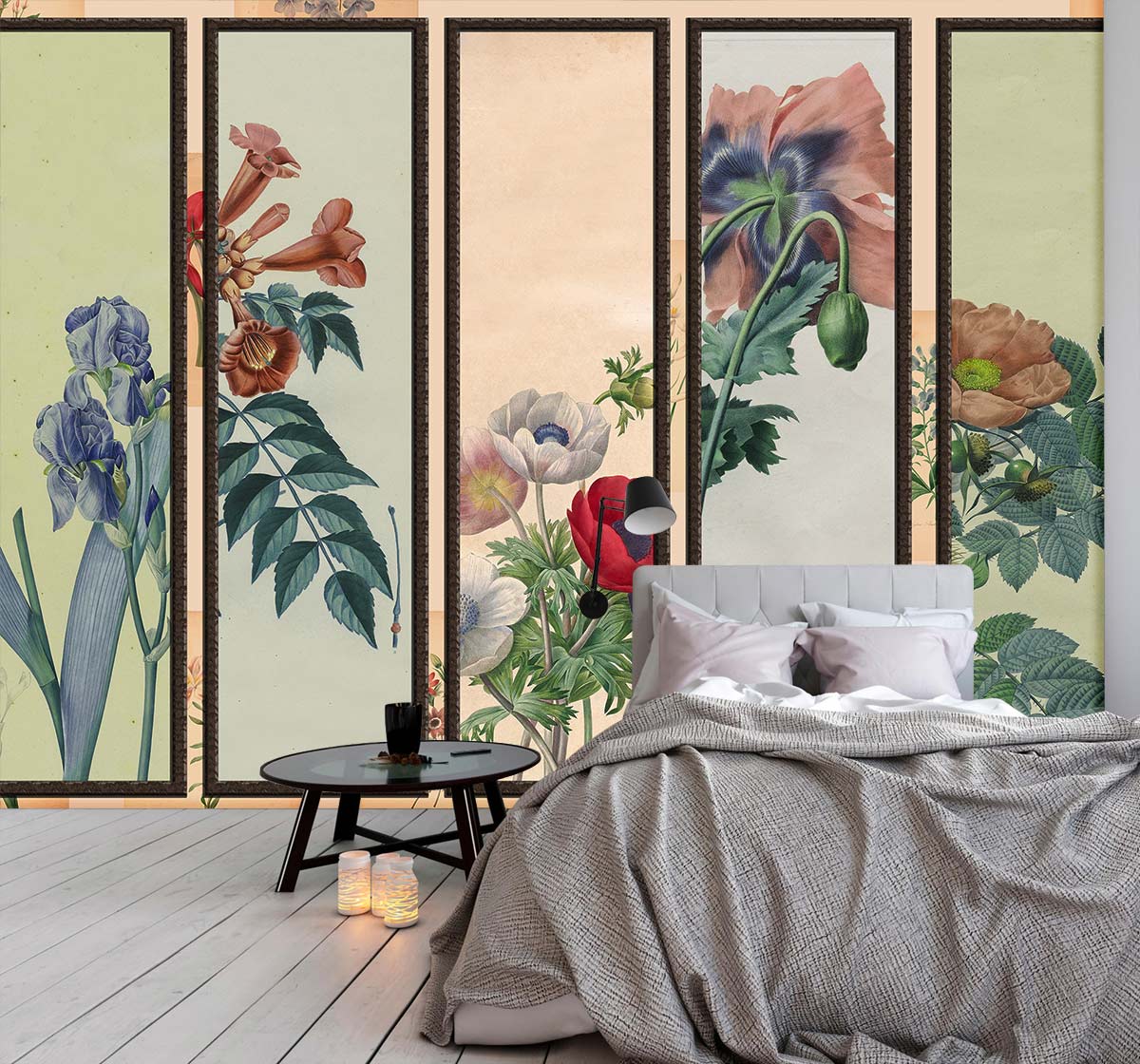 Vintage botanical mural wallpaper in pastel, elegant white bed, black round table, light wood flooring.