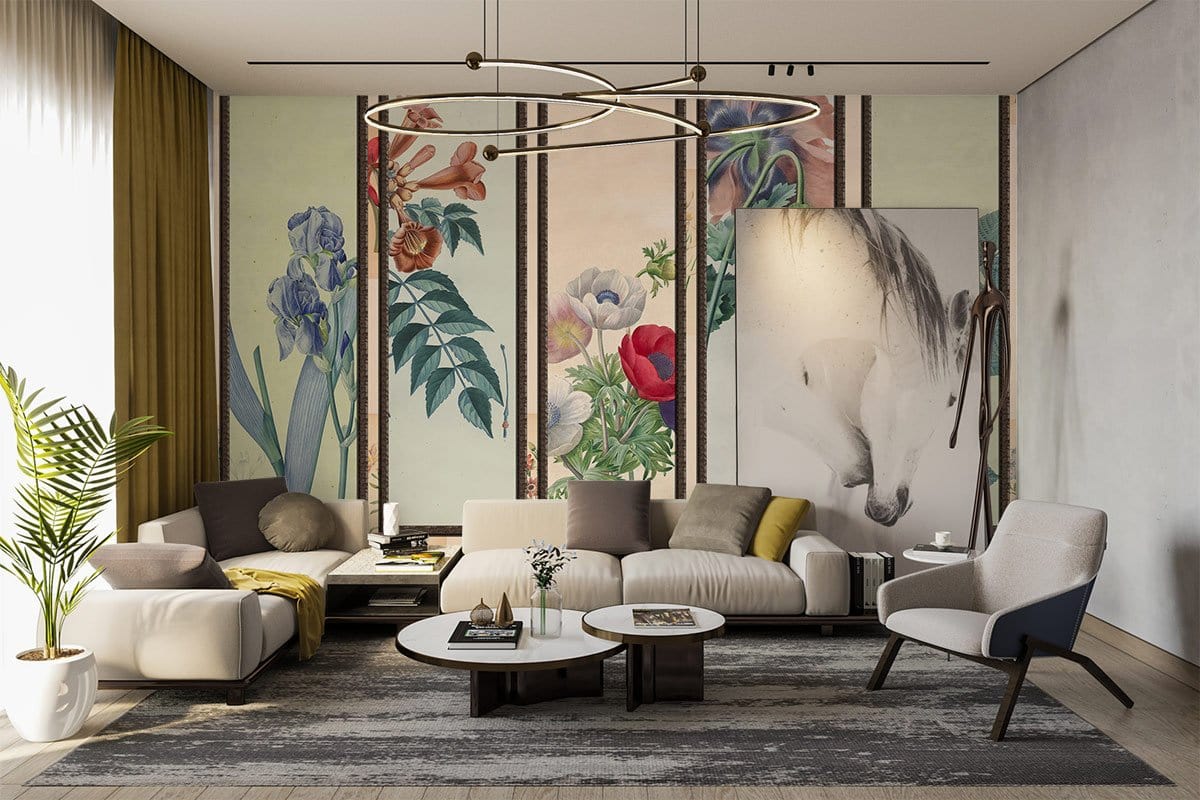 Vintage Botanical Garden Mural Wallpaper in soft pastels, elegant living room with modern grey sofa ensemble.