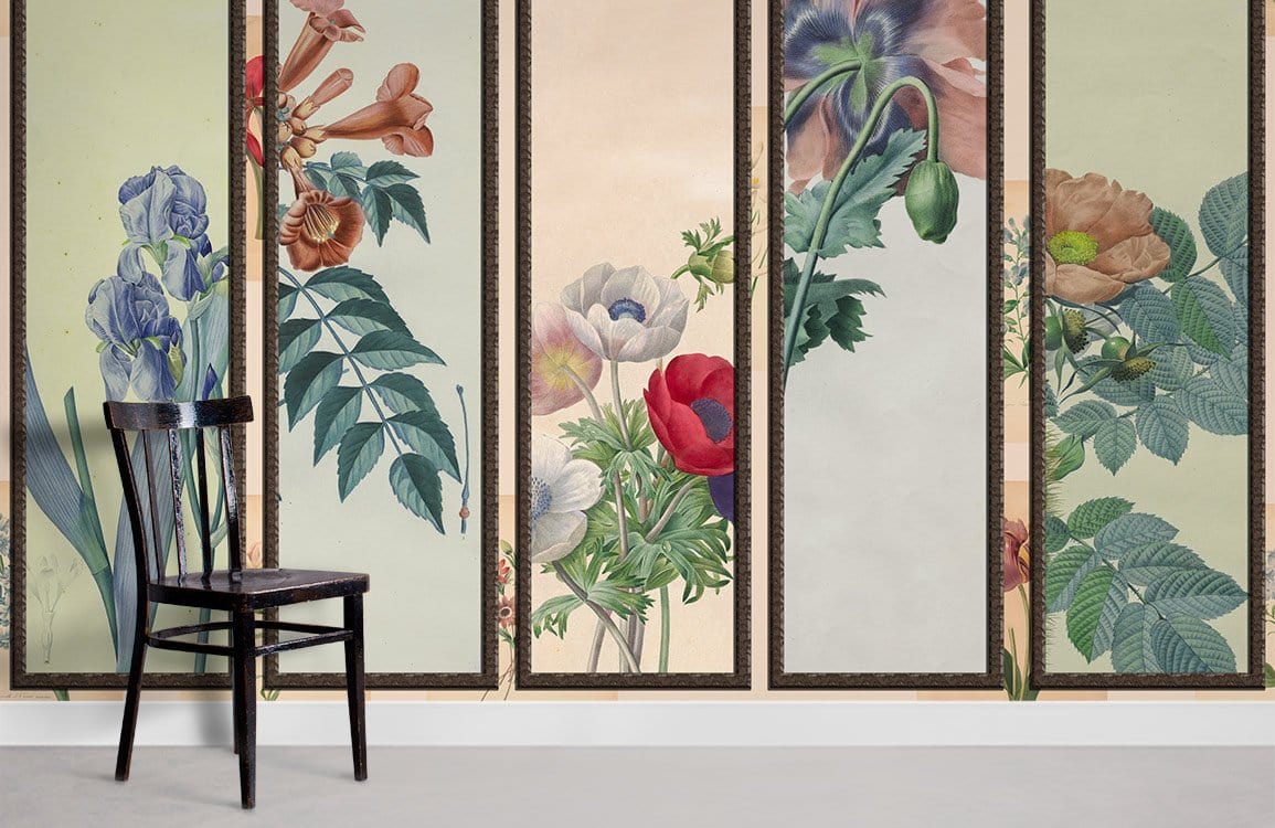 Vintage botanical mural wallpaper in soft pastel tones, black wooden chair on light grey flooring.