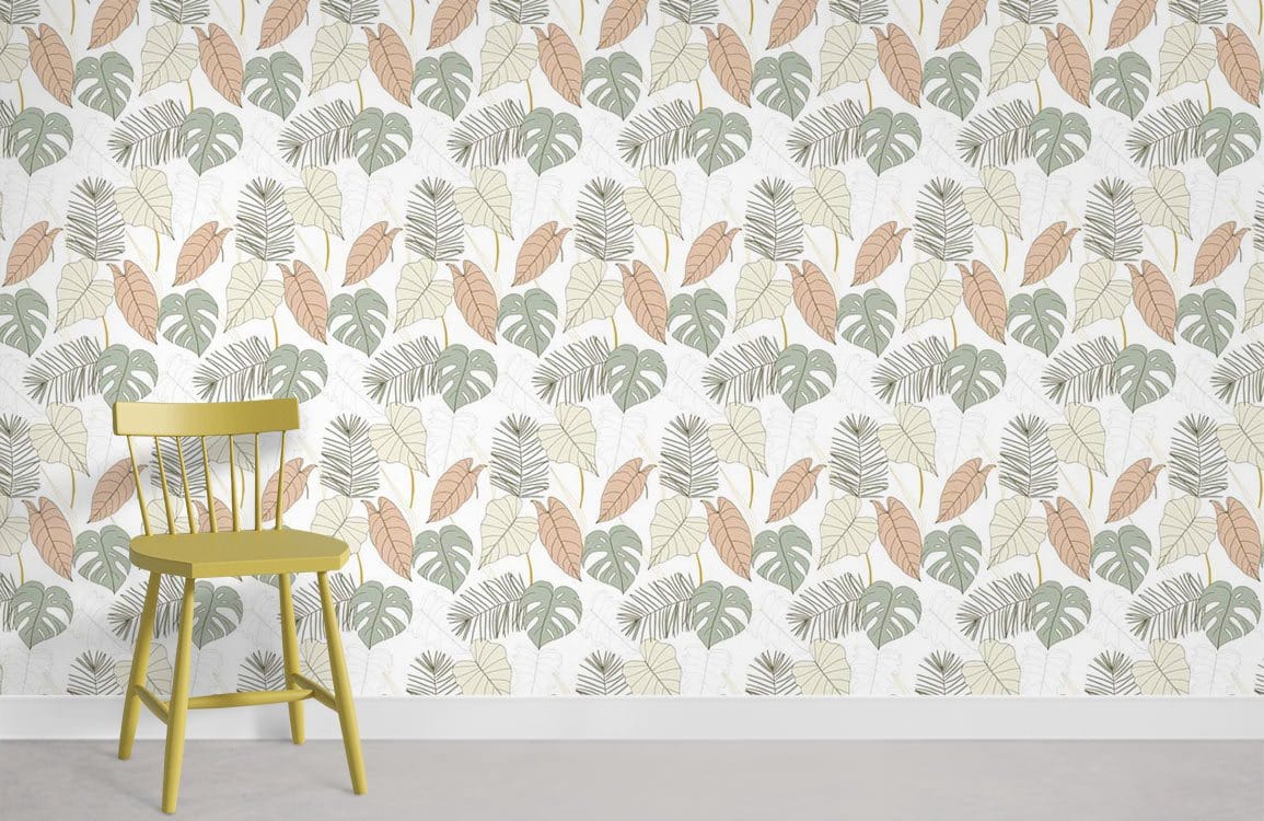 Botanical Bliss tropical leaf patterned wallpaper with earthy tones, paired with a chic olive chair.