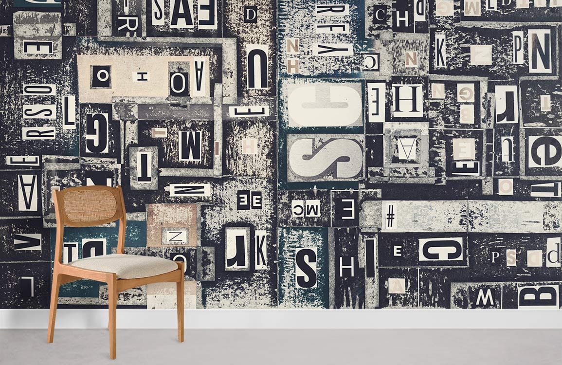 Retro Typography Collage Mural Wallpaper with vintage letter art; wooden chair; minimalist decor styling.