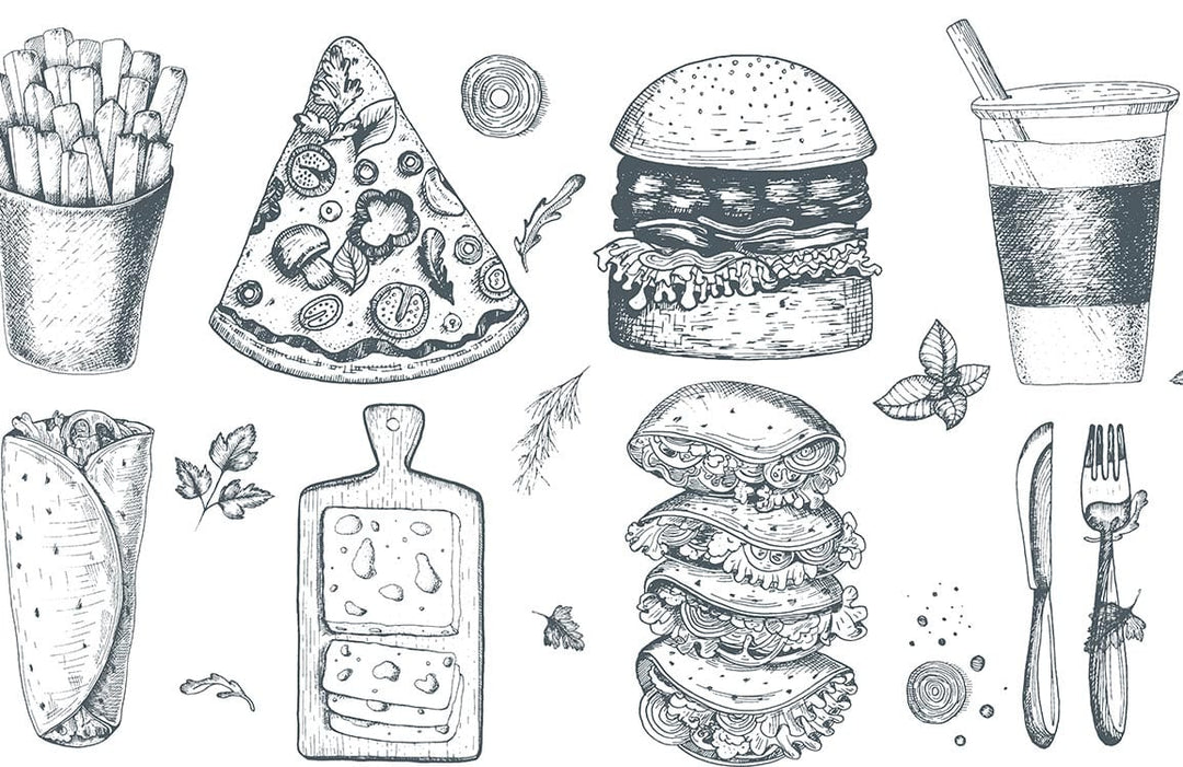 Monochrome Vintage Food Sketch Mural Wallpaper - Rustic Kitchen Decor