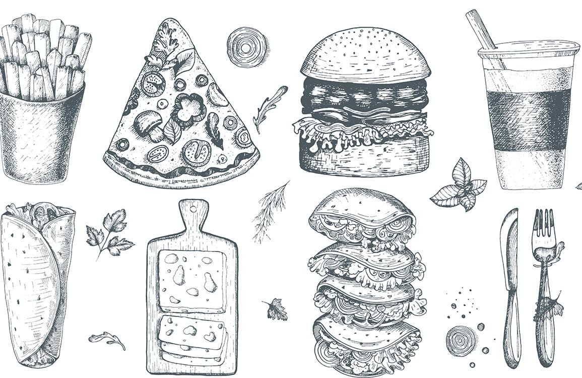 Monochrome Vintage Food Sketch Mural Wallpaper - Rustic Kitchen Decor