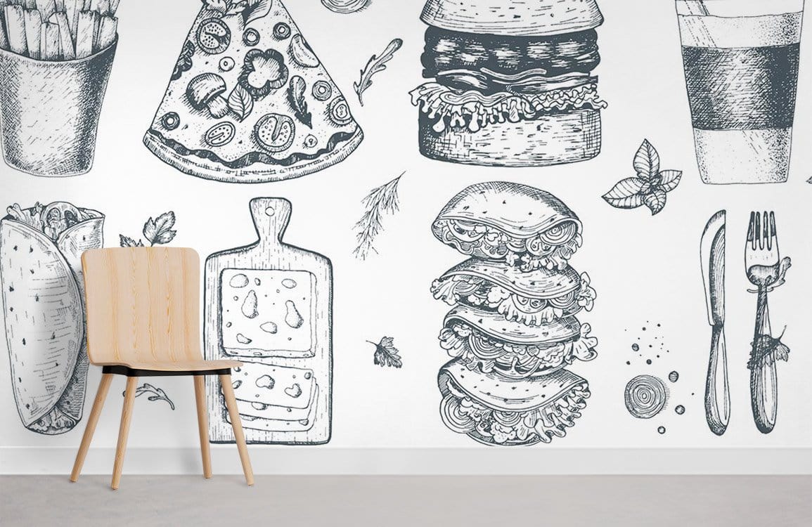 Monochrome vintage food sketch mural wallpaper, dining chair, white wall, rustic kitchen decor, minimalist style.