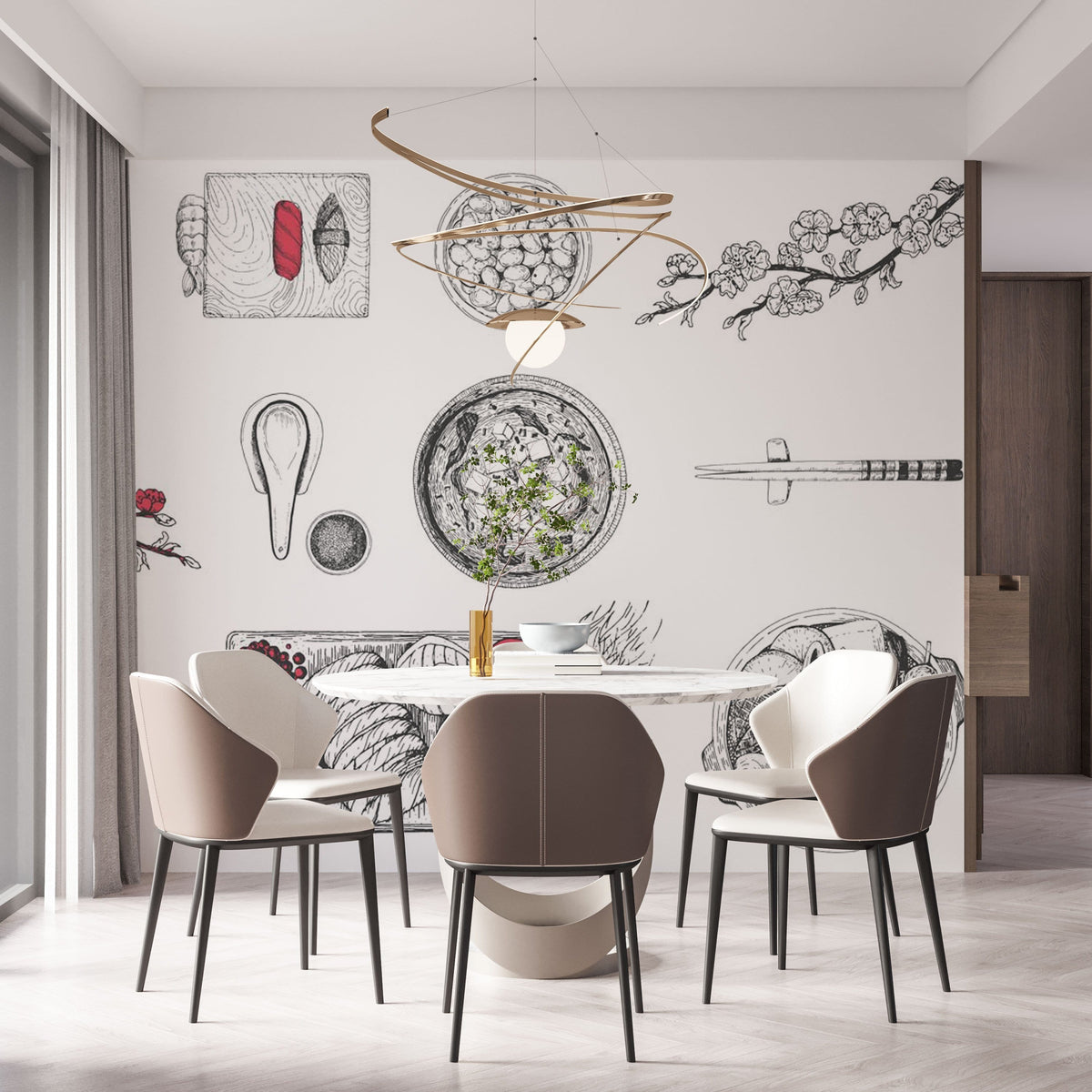 Red and Black Japanese Cuisine Mural Wallpaper with floral accents in modern dining room, white chairs.
