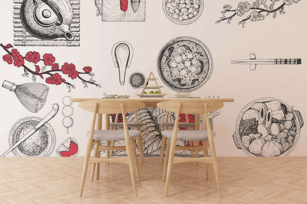 Red and Black Japanese Cuisine Sketch Mural Wallpaper with Floral Accents in dining room with wooden chairs.