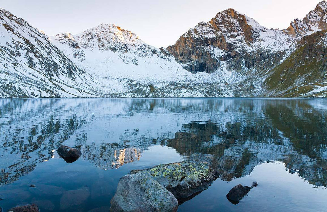 Scenic Alpine Lake and Snowy Mountain Landscape Mural Wallpaper in Serene Blue