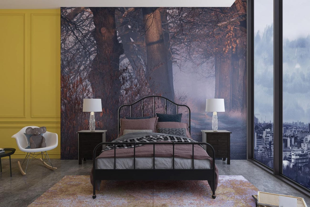 Frosty woodland path mural in modern bedroom with yellow walls, black metal bed, and city view.