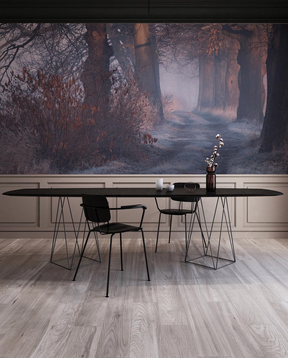 Frosty woodland mural wallpaper in dining room with black table, chairs, panelled wall, wood flooring.