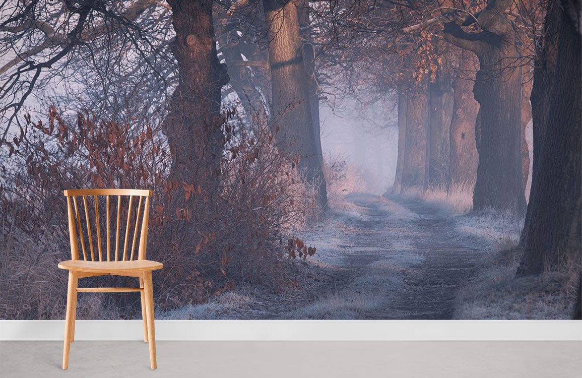 Frosty Woodland Path mural in rustic room with wooden chair, grey flooring. Winter decor.