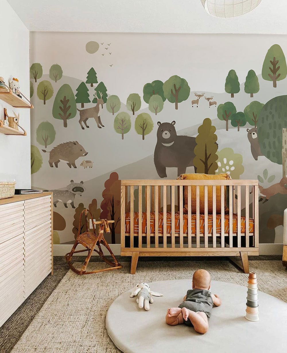 Whimsical Woodland Animals Mural Wallpaper in Soft Pastel Earthy Tones