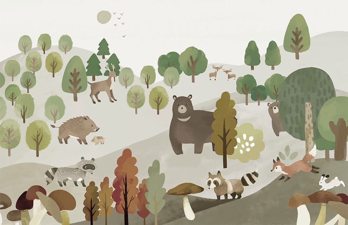 Whimsical Woodland Animals Mural Wallpaper in Soft Pastel Earthy Tones
