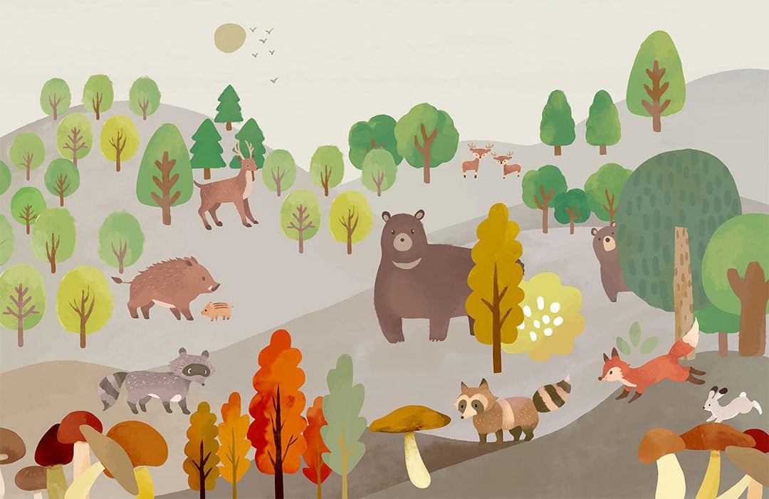 Woodland Animals Pastel Mural Wallpaper for Children's Room Decor Delight
