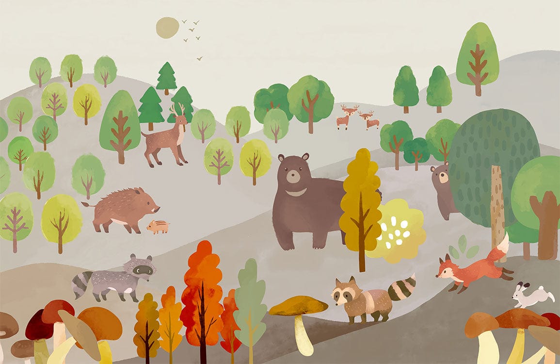 Woodland Animals Pastel Mural Wallpaper for Children's Room Decor Delight