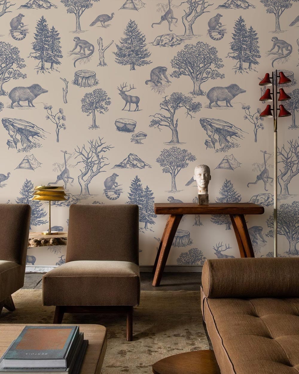 Vintage Forest Wildlife Toile Wallpaper with elegant blue and beige design in stylish living room.