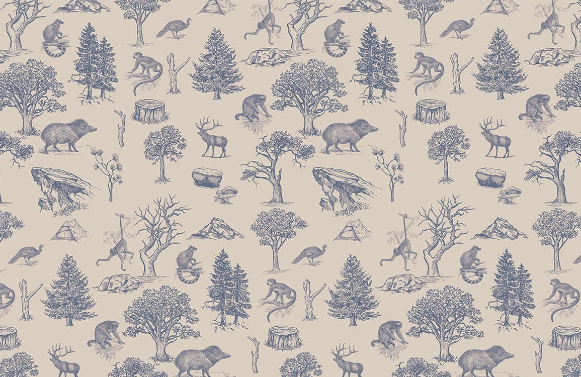 Vintage Forest Wildlife Toile Wallpaper, Elegant Blue and Beige Design