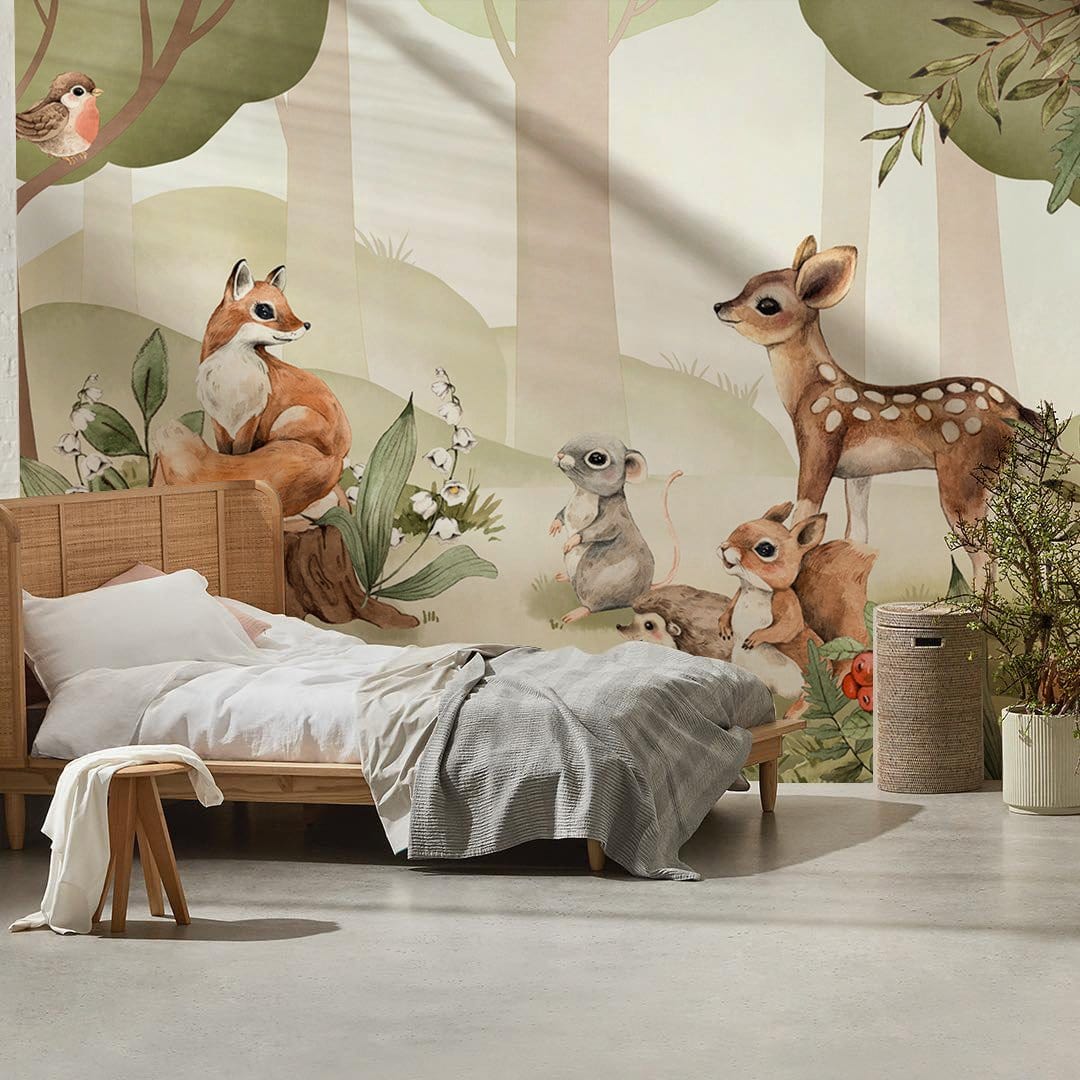 Enchanting wall mural with forest creatures and mushrooms, featuring a cosy bed, light grey throw.