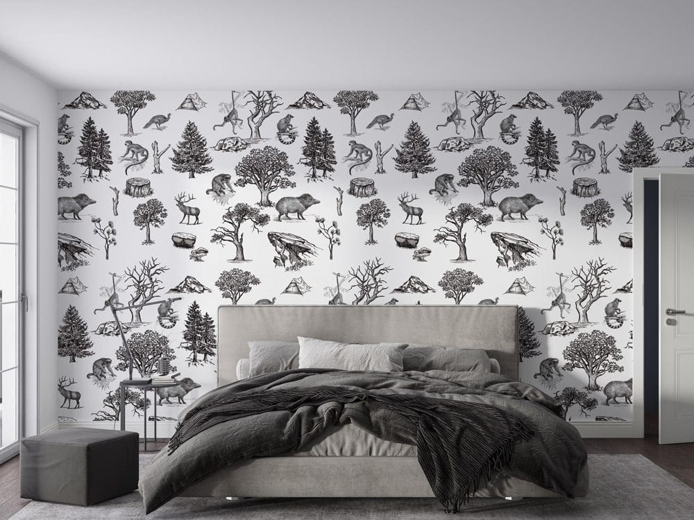 Vintage Sketch wallpaper in a monochrome wildlife forest pattern, beige sofa, modern bedroom decor.