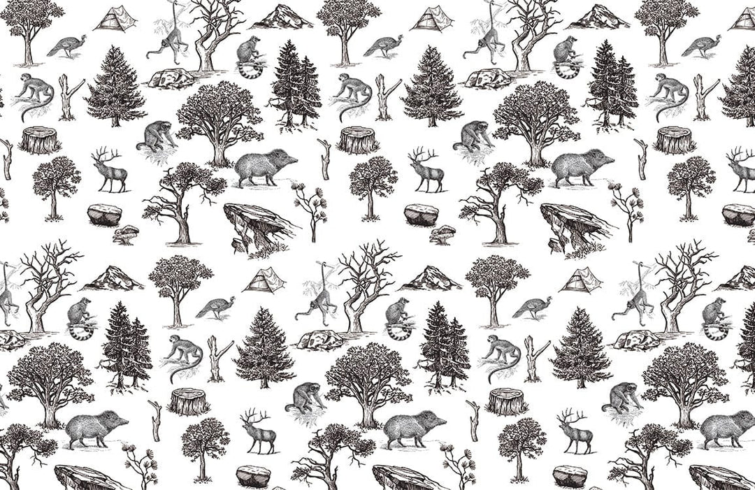 Vintage Sketch Wildlife Forest Pattern Wallpaper - Monochrome Nature Design Decor