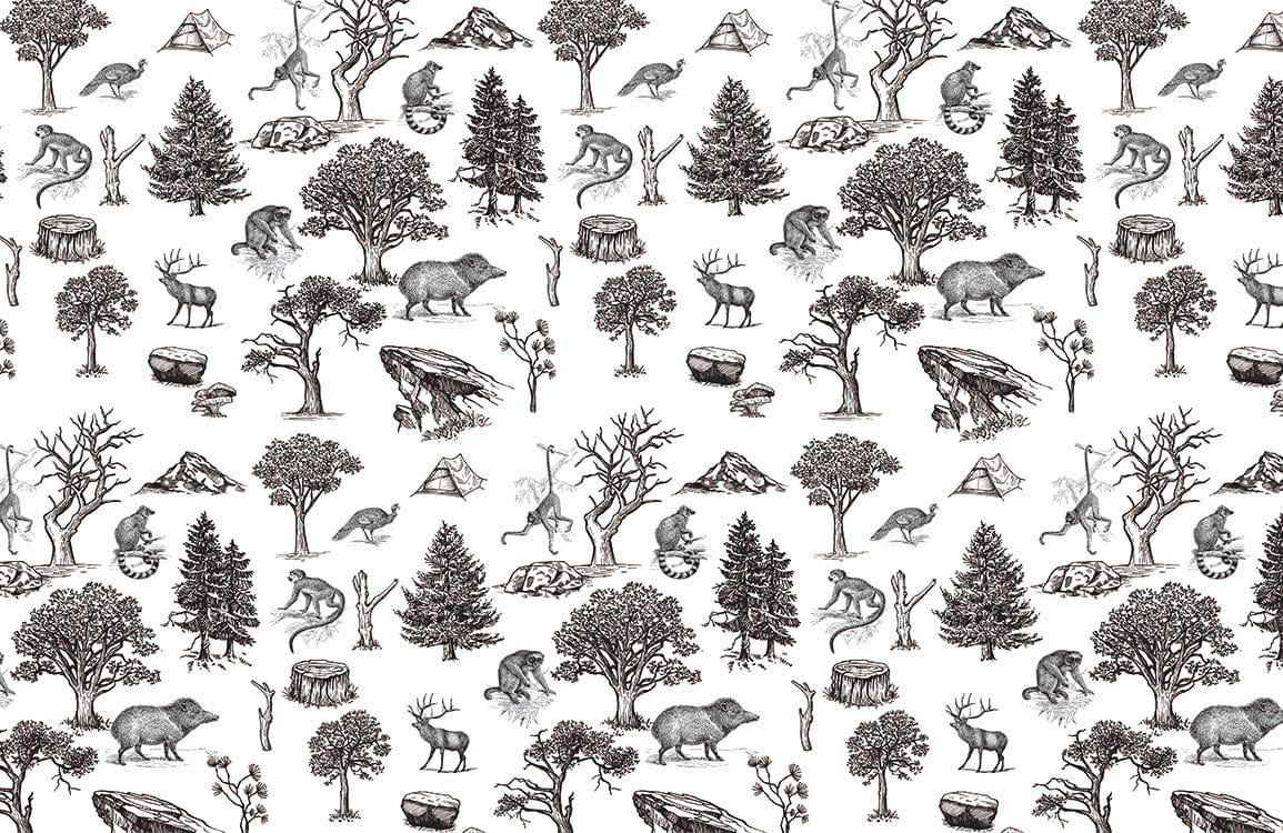 Vintage Sketch Wildlife Forest Pattern Wallpaper - Monochrome Nature Design Decor