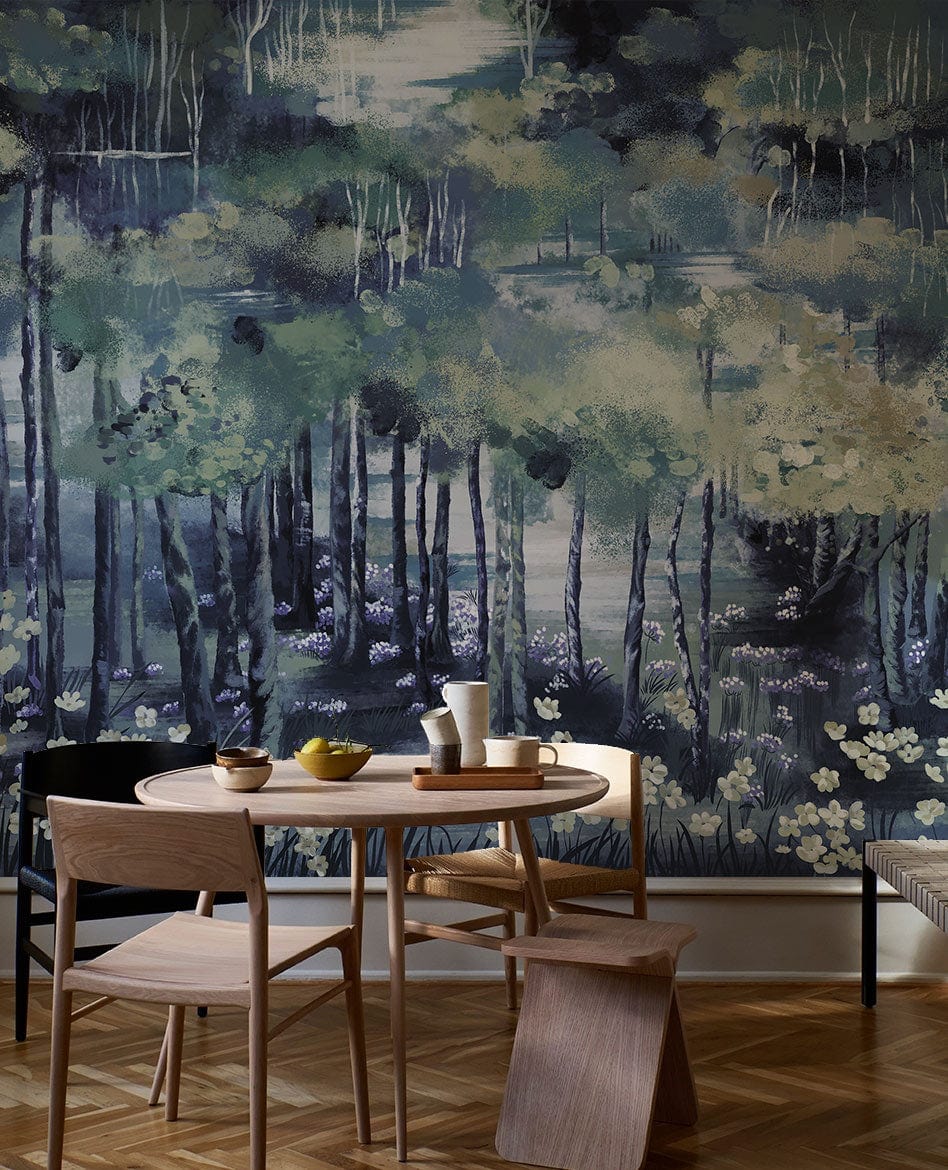 Tranquil woodland mural wallpaper, soothing green-blue tones, parquetted floor, wooden dining set, cosy room.