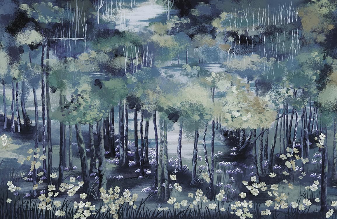 Tranquil Woodland Enchantment Mural Wallpaper in Soothing Green and Blue Tones