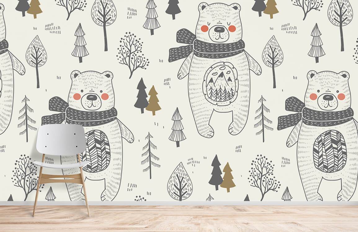 Whimsical Woodland Bears and Trees mural in children's room with wooden chair, light wood flooring.