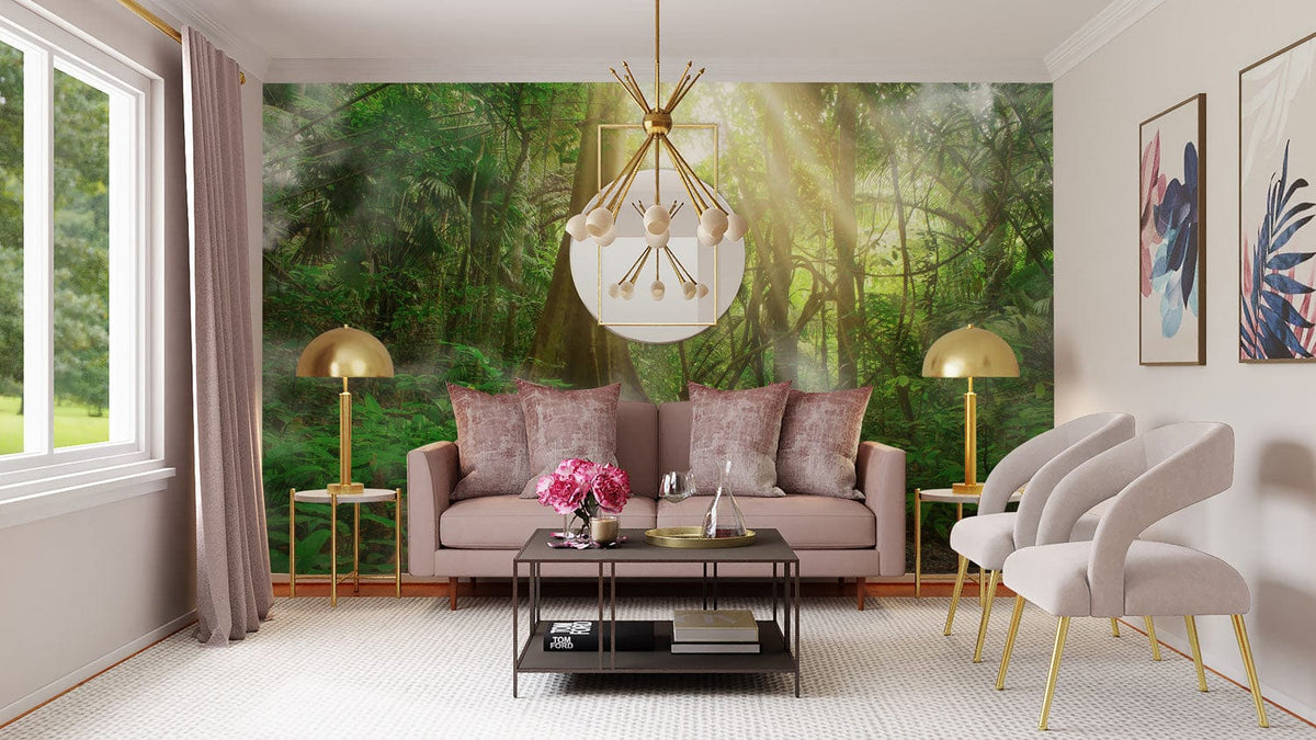 Living room with Serene Sunlit Jungle Path mural, neutral sofa, elegant chairs, and modern lighting.