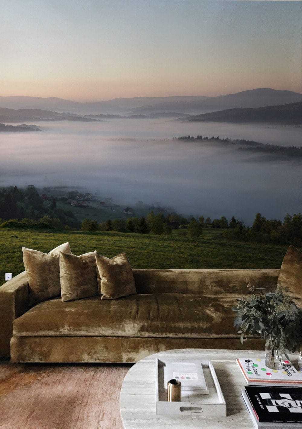 Luxurious velvet sofa, tranquil misty landscape mural, soft green and blue hues in living room.