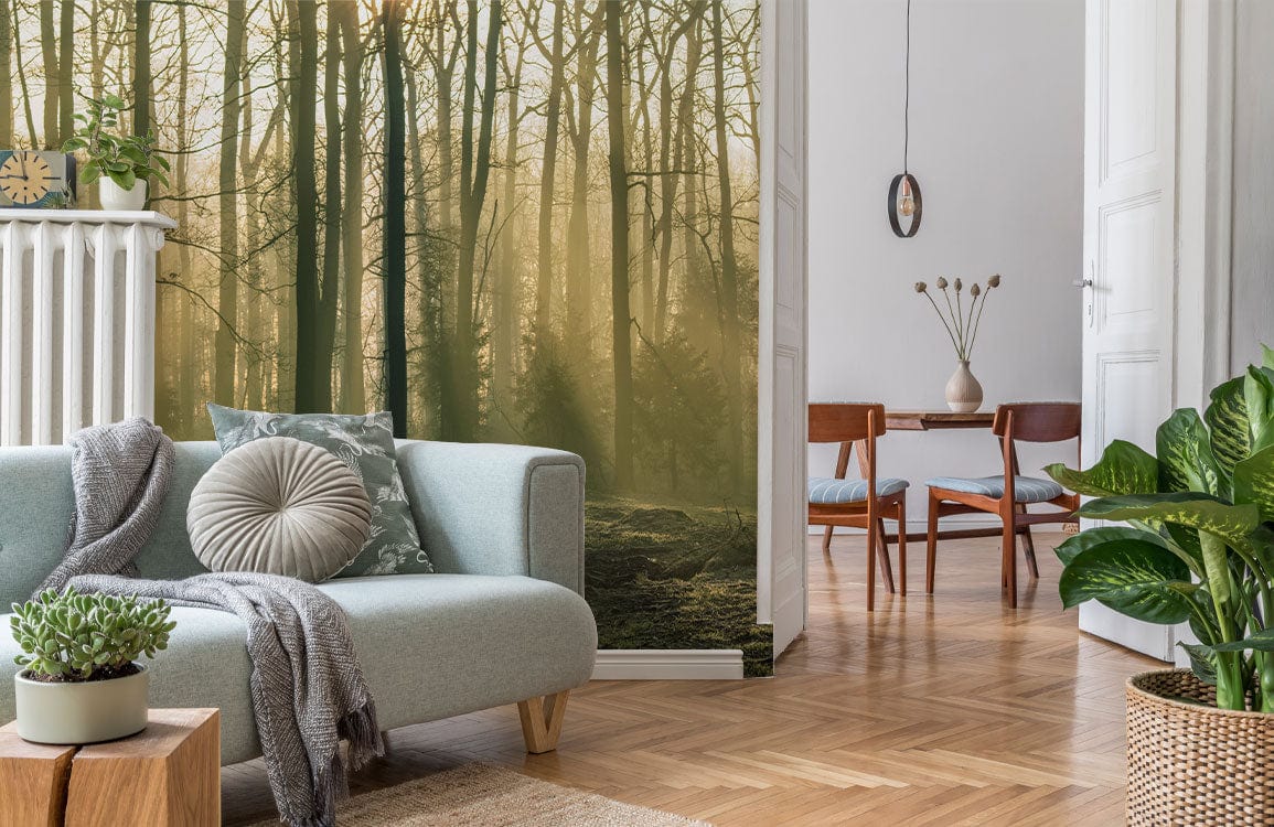 Enchanted Forest Sunrise wallpaper in living room with green sofa, wooden flooring, and chic decor.