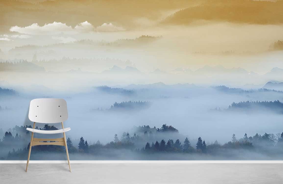 Misty mountain mural with blue-gold tones, minimalist white chair, grey floor, serene room setting.
