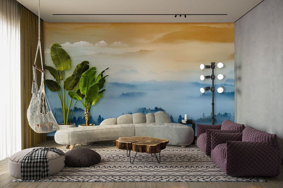 Wallpaper mural depicting serene misty mountains in blue and gold, modern sofa, rustic wood flooring.