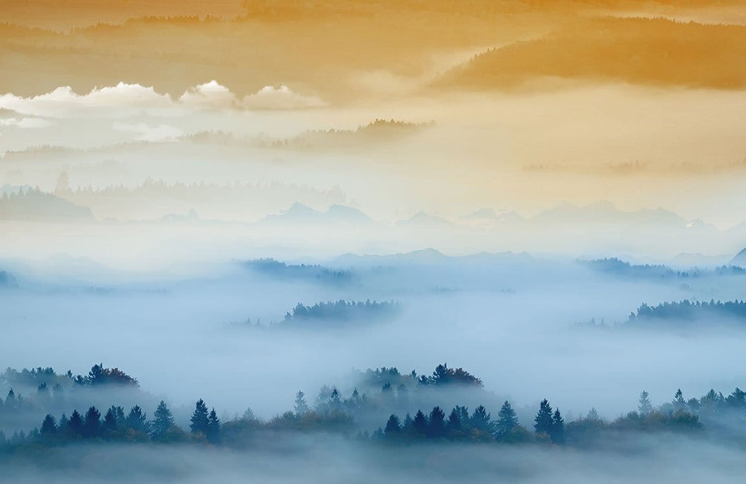 Serene Misty Mountain Landscape Mural Wallpaper in Blue and Gold Tones