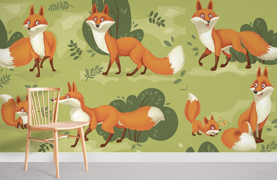 Forest green wallpaper with whimsical foxes, wooden chair, grey flooring, playful animal decor.