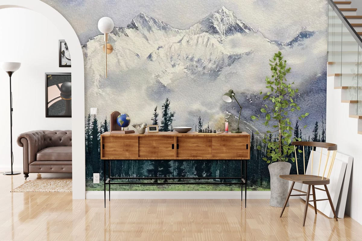 Serene Mountain Landscape wall mural with console table, grey sofa, and modern decor in living room.