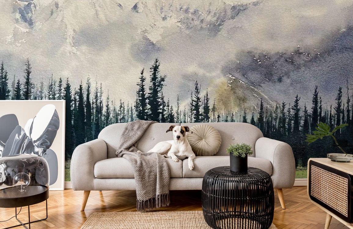 Cosy living room with watercolour mountain mural, grey sofa, black woven table, and herringbone flooring.