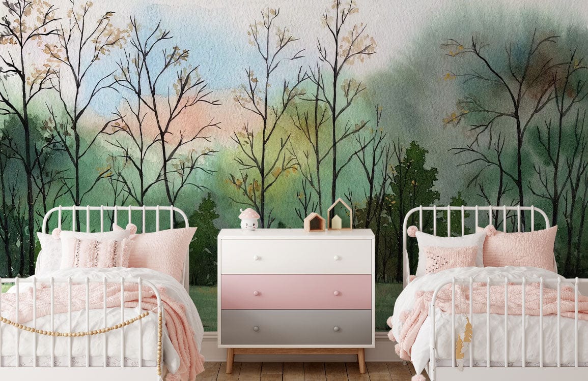 Tranquil Woodland Watercolour Mural in pastel tones, twin beds, white headboards, pink bedding, wooden flooring.