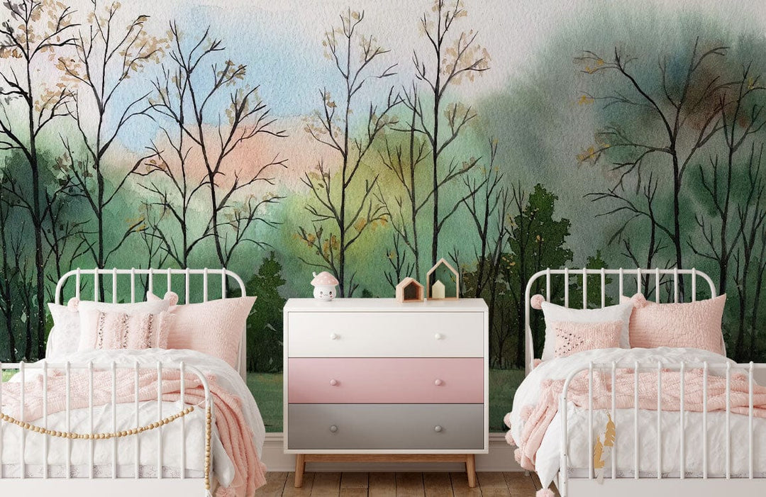 Tranquil Woodland Watercolour Mural in pastel tones, twin beds, white headboards, pink bedding, wooden flooring.