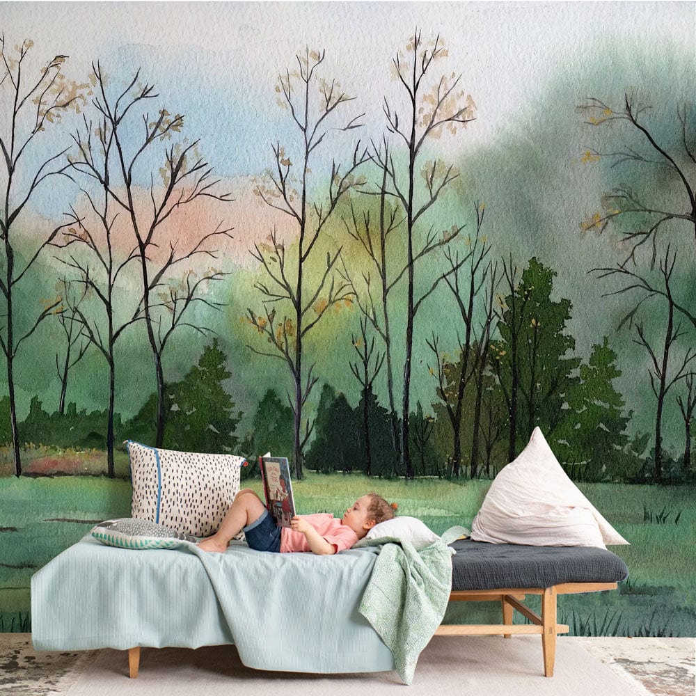 Tranquil Woodland Watercolour Mural in pastels, cosy sofa, soft rug, serene room ambiance.
