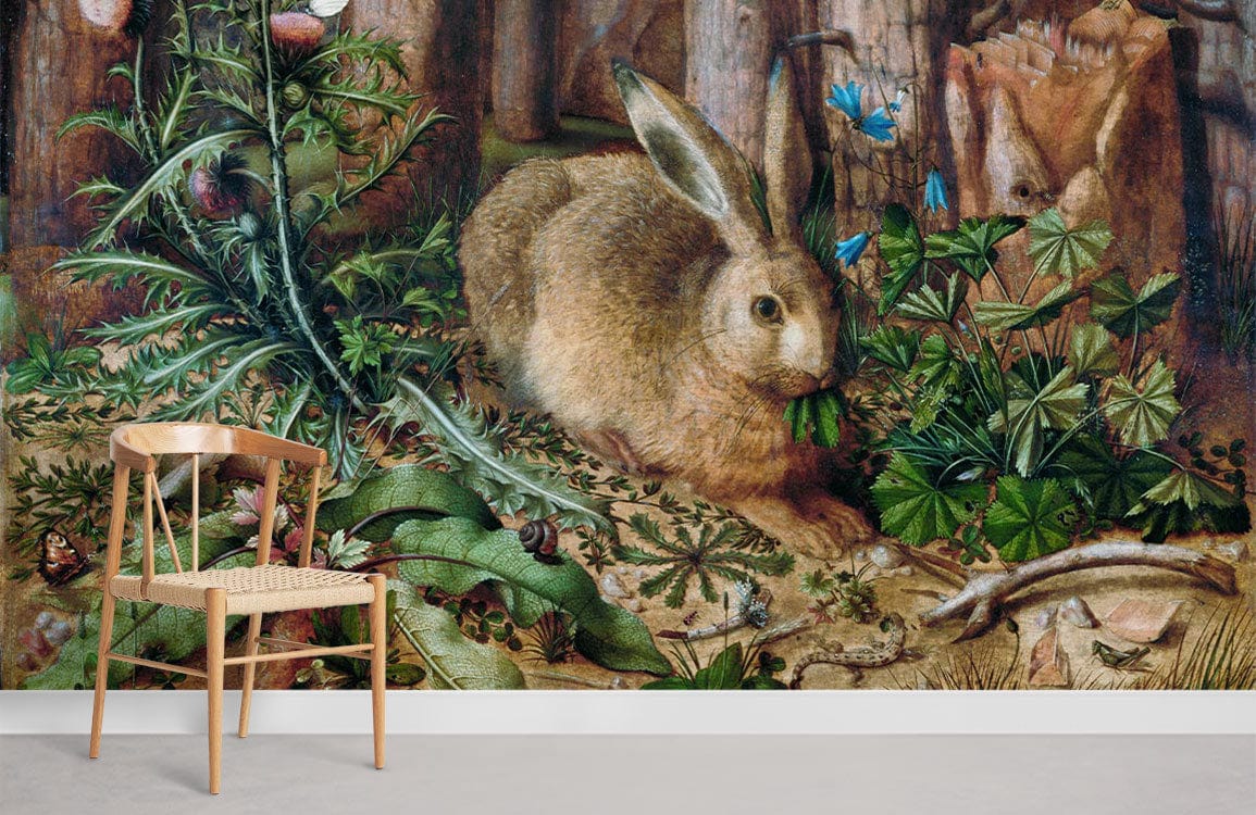 Woodland Rabbit Mural Wallpaper with lush greenery, wooden chair, neutral flooring in living room.