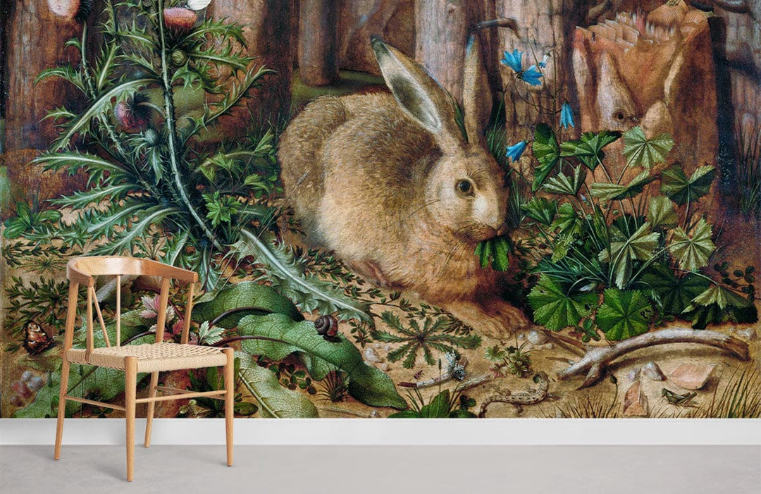 Woodland Rabbit Mural Wallpaper with lush greenery, wooden chair, neutral flooring in living room.