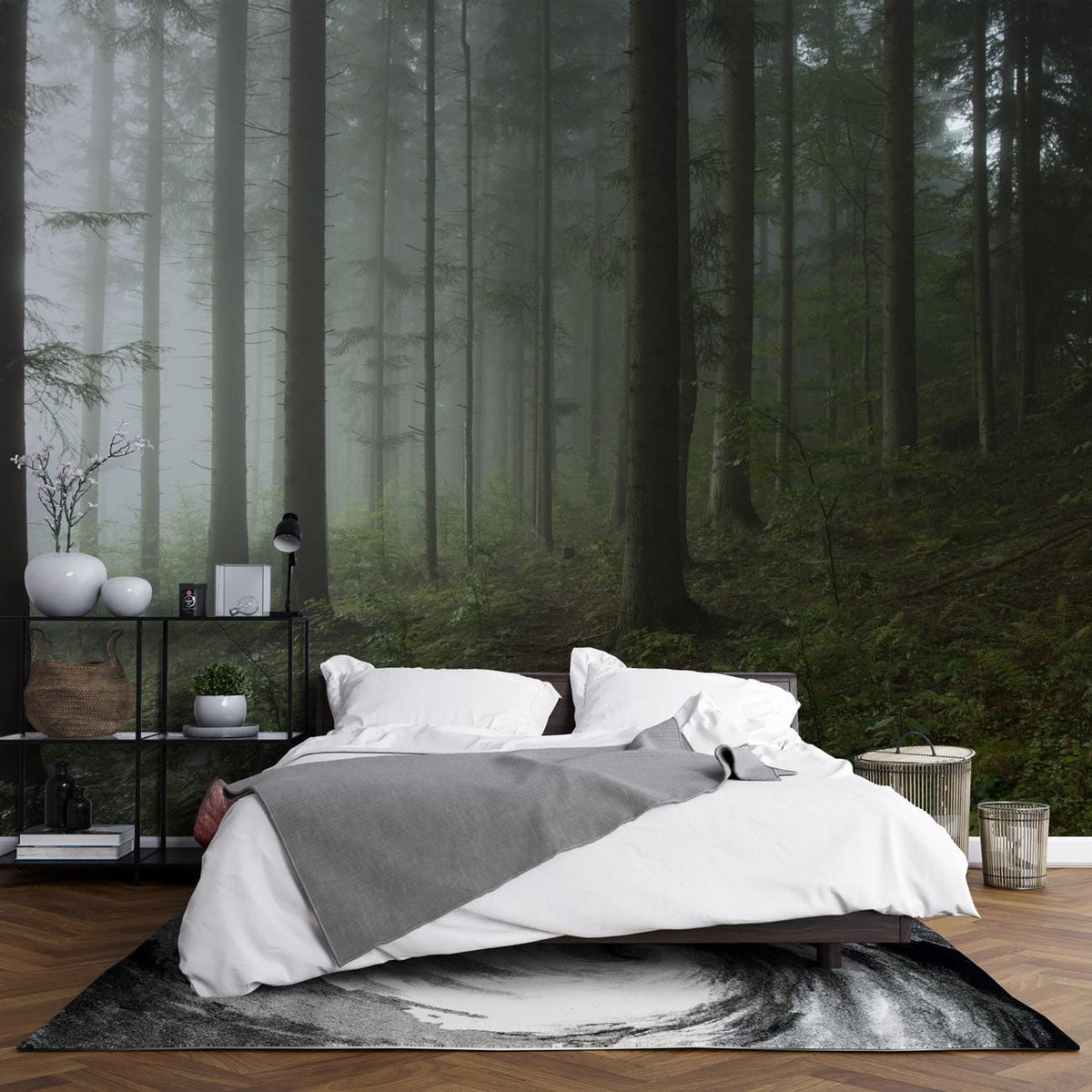 Misty Forest Green Nature Mural Wallpaper in bedroom with white bed, wooden flooring, nature-themed decor.