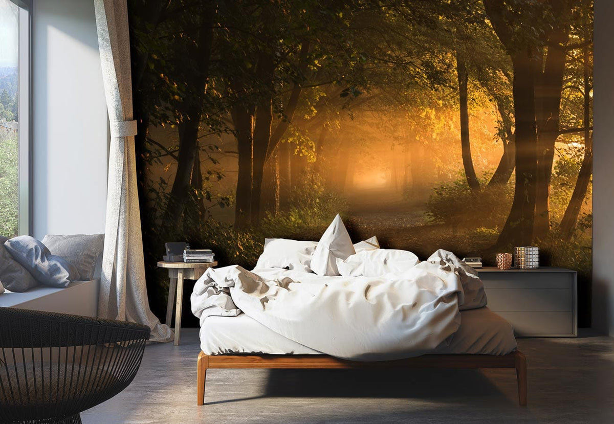 Mystical Sunrise Forest Path Wallpaper in bedroom with white bed, grey curtains, wooden flooring.
