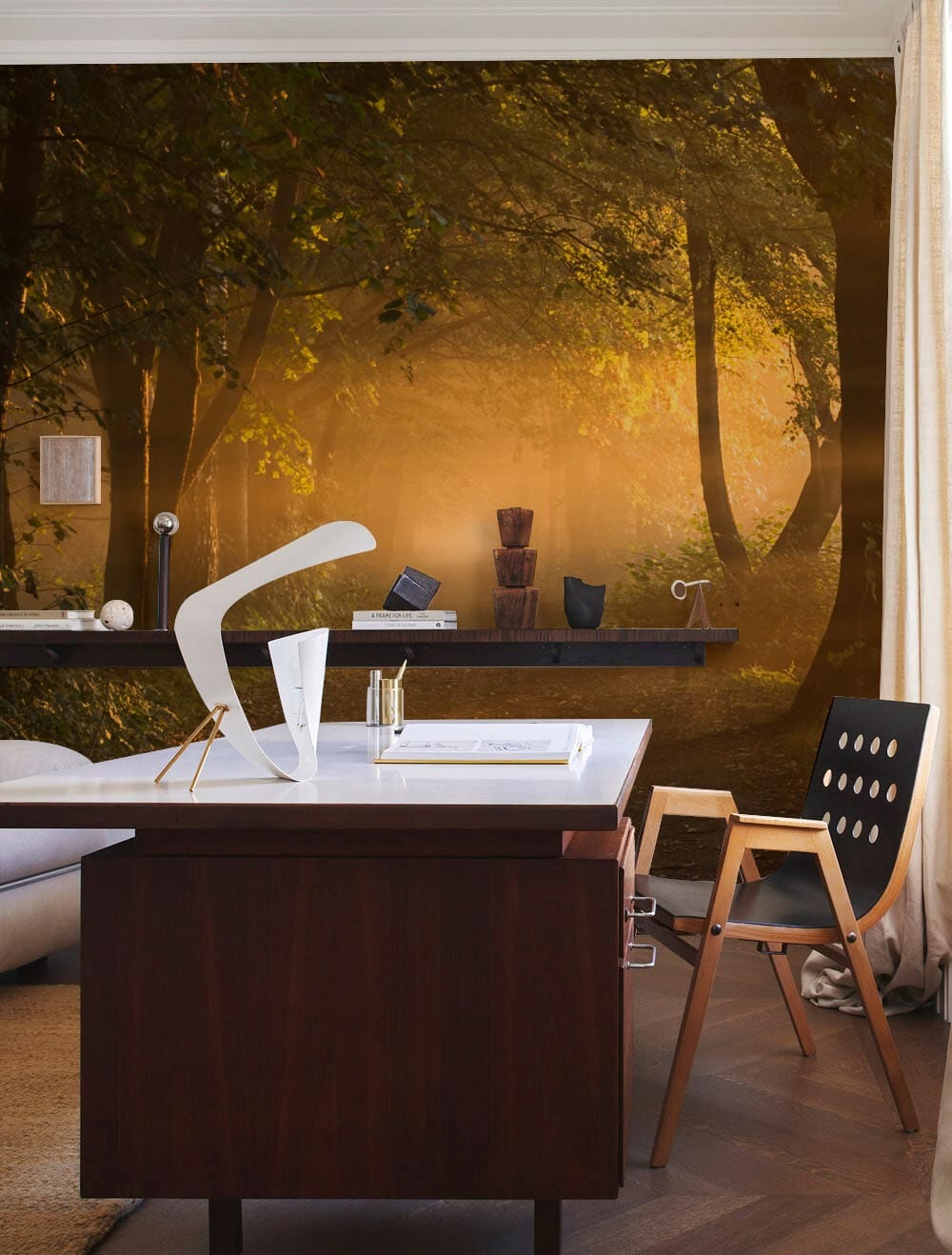 Mystical Sunrise Forest Path Wallpaper in office with wood desk, modern chair, white sofa, curtains.