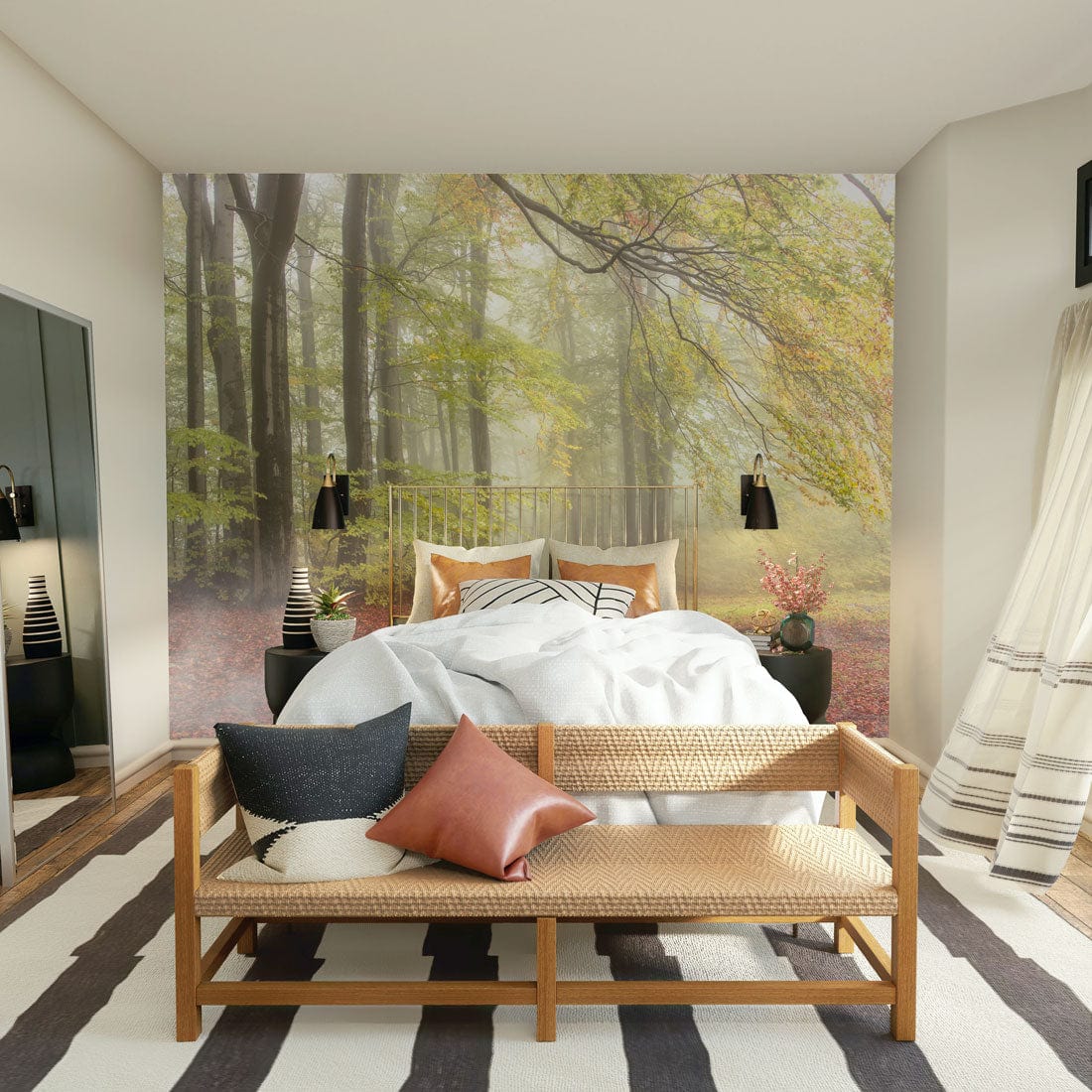 Misty Autumn Forest Mural Wallpaper in bedroom, featuring wooden bench, white and black striped rug.