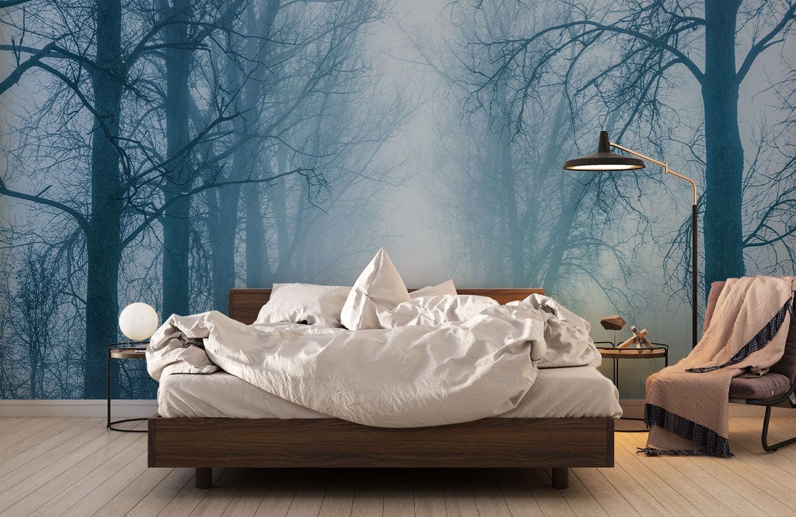 Misty Forest Path mural wallpaper, tranquil blue, bedroom, modern bed, wooden flooring, ambient lamp.