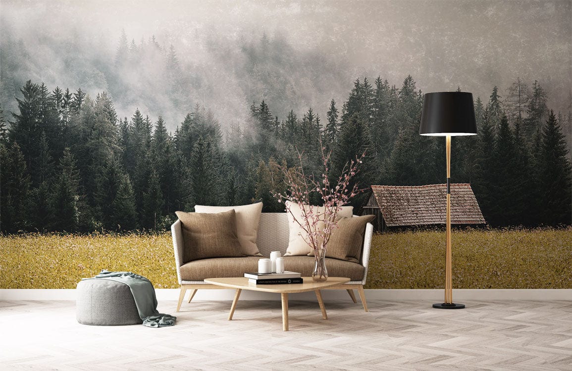 Cozy room with herringbone flooring, beige sofa, lamp; Rustic Forest Mural Wallpaper in greens.