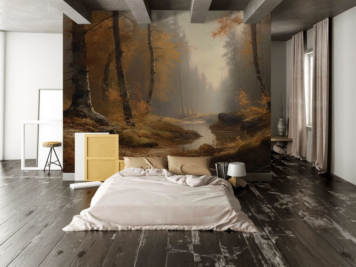 Serene mural in cosy bedroom, earthy tones, rustic wood flooring, neutral bedding, modern furnishings.