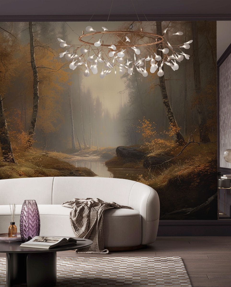 A serene autumn forest mural wallpaper with a white curved sofa in a modern living room.