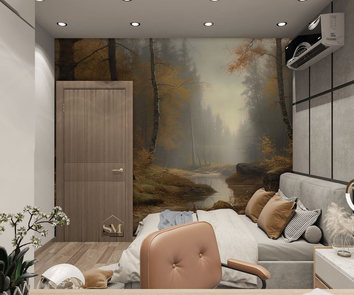Serene Autumn Forest Mural Wallpaper in warm tones, modern grey sofa, light wooden flooring, cosy bedroom.
